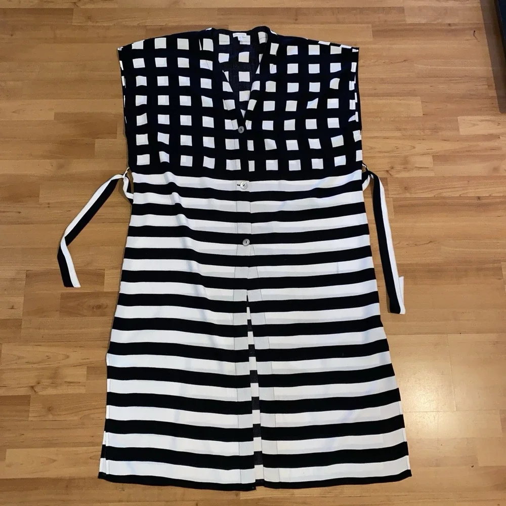 Garnet‎ Hill Size M Black White Print Modern Shirt Dress Obsidian Stripe Check